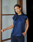 NEO NOIR BLOUSE FLEUR DRAPY SATIN NAVY