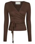 NEO NOIR TOP NIA JERSEY WRAP BLOUSE CHOCOLATE BROWN