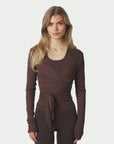 NEO NOIR TOP NIA JERSEY WRAP BLOUSE CHOCOLATE BROWN