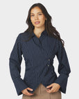NEO NOIR BLOUSE FENLI SLIM STRIPE SHIRT NAVY