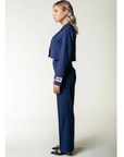 COLOURFUL REBEL PANTS RUS PINSTRIPE PINTUCK STRAIGHT DARK BLUE