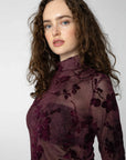 COSTER COPENHAGEN TOP EVE MESH TURTLENECK BORDEAUX FLOWER
