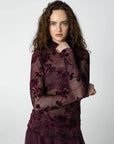 COSTER COPENHAGEN TOP EVE MESH TURTLENECK BORDEAUX FLOWER