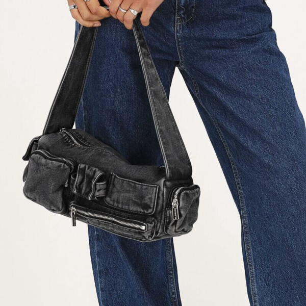 MY JEWELLERY TAS SCHOUDERTAS MET RITSJES DENIM GRIJS