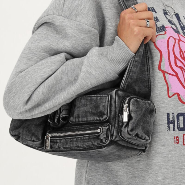 MY JEWELLERY TAS SCHOUDERTAS MET RITSJES DENIM GRIJS