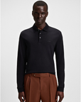 BOSS MEN SWEATER POLO REGULAR FIT INTERLOCKED COTTON BLACK