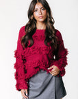 COLOURFUL REBEL PULLOVER ALBA FRINGE KNITTED SWEATER RASPBERRY WINE