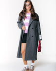 COLOURFUL REBEL JAS ZANIA DOUBLE BREASTED WOOL LONG COAT STRIPE MEDIUM GREY