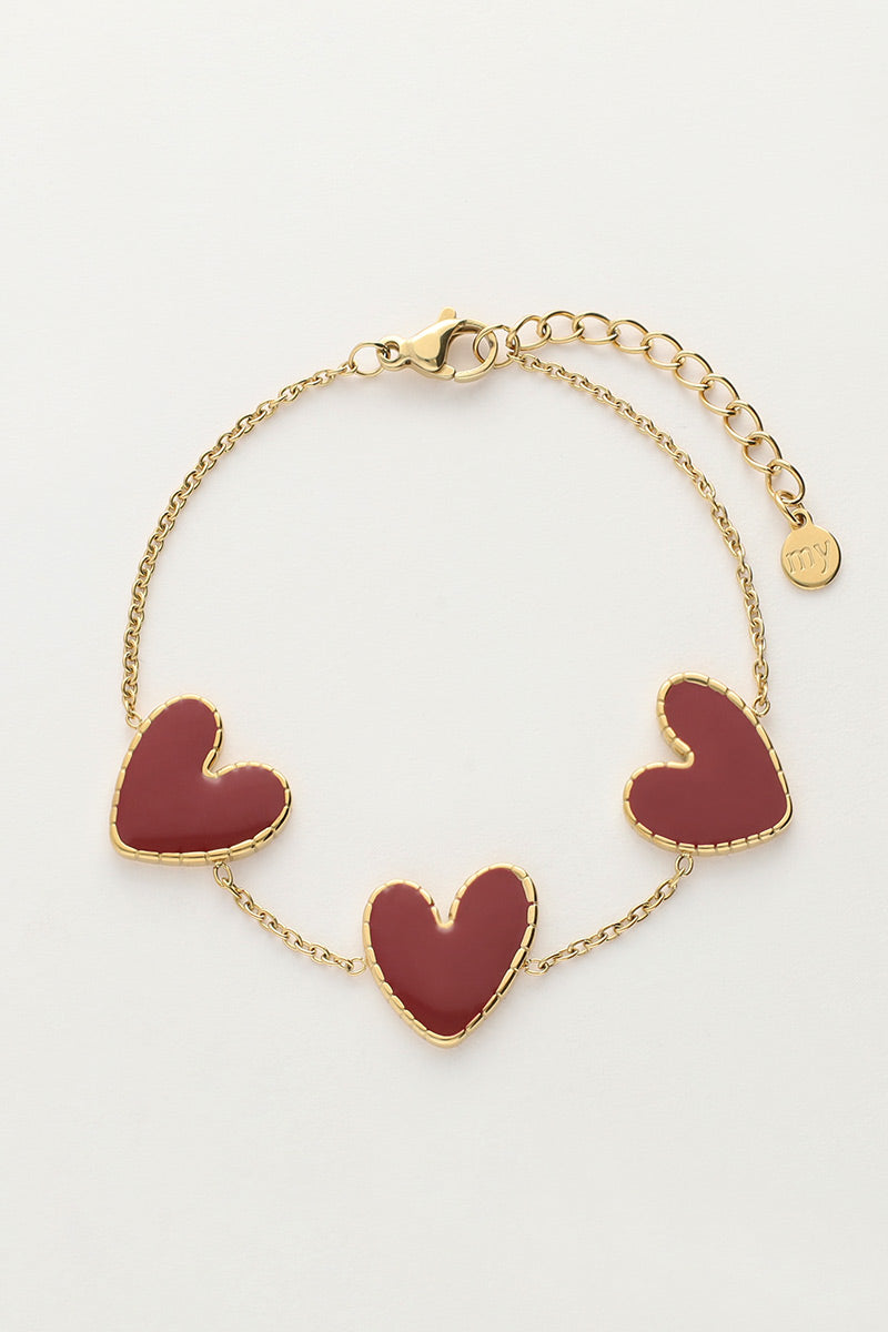 MY JEWELLERY SIERADEN ARMBAND MET BURGUNDY HARTJES ROOD GOUD