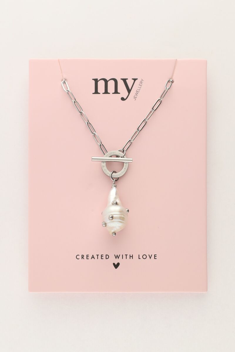 MY JEWELLERY SIERADEN KETTING SCHAKEL ZOETWATERPAREL EN STUDS ZILVER