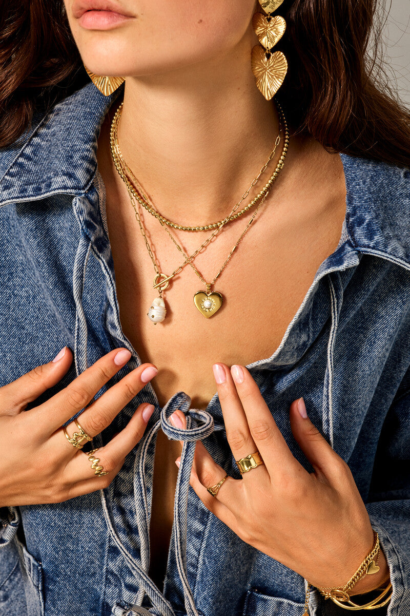 MY JEWELLERY SIERADEN KETTING SCHAKEL ZOETWATERPAREL EN STUDS GOUD