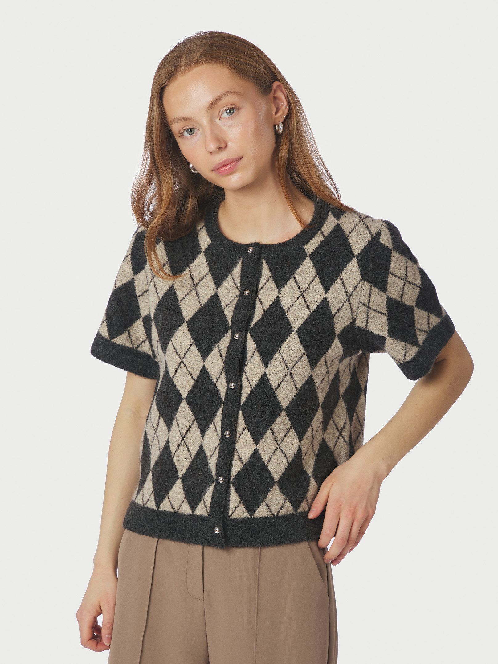 NEO NOIR VEST ALLESTAR CHECK KNIT CARDIGAN BEIGE