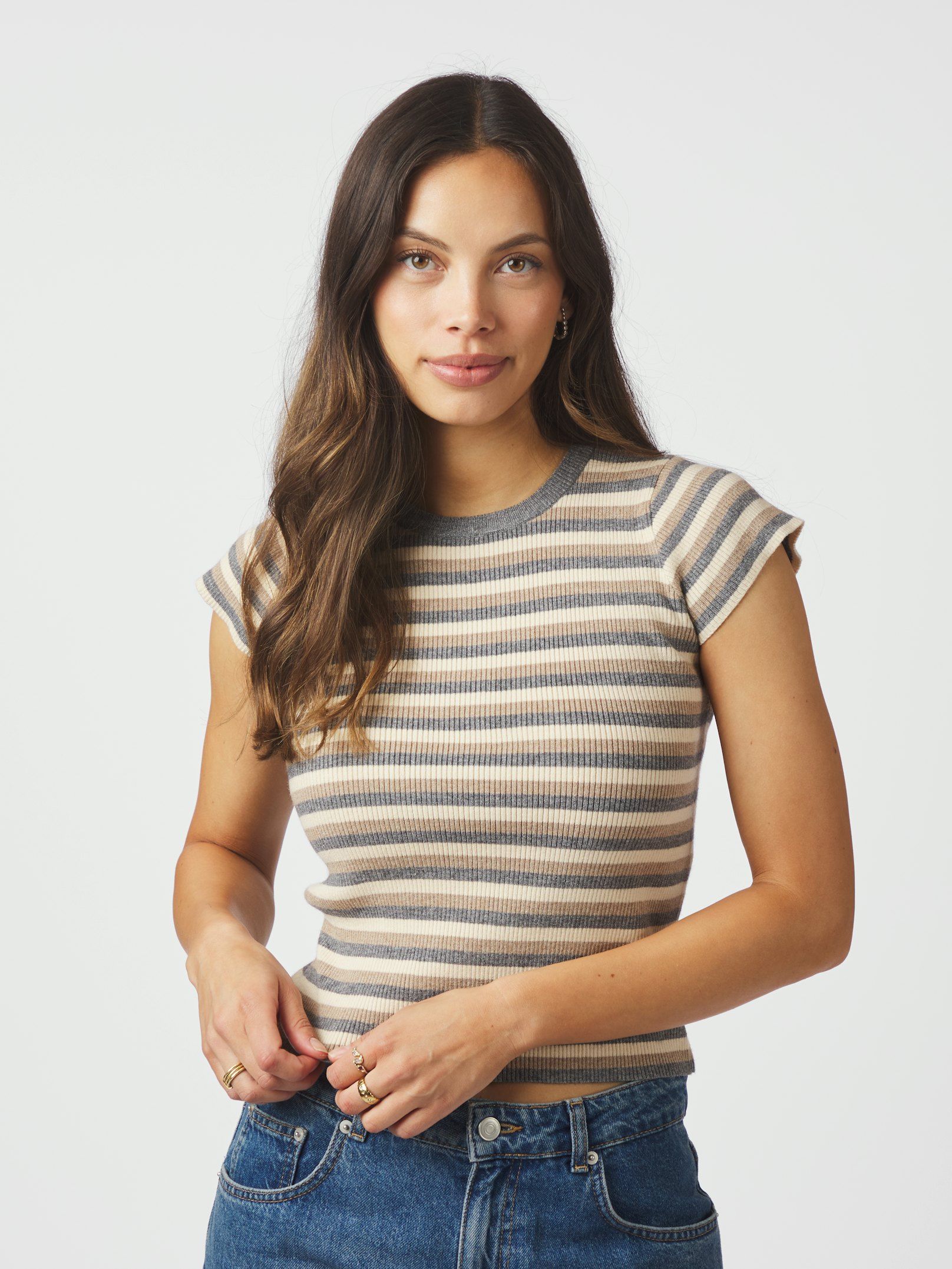 NEO NOIR T-SHIRT TIRRA SIMPLE STRIPE KNIT TOP GREY