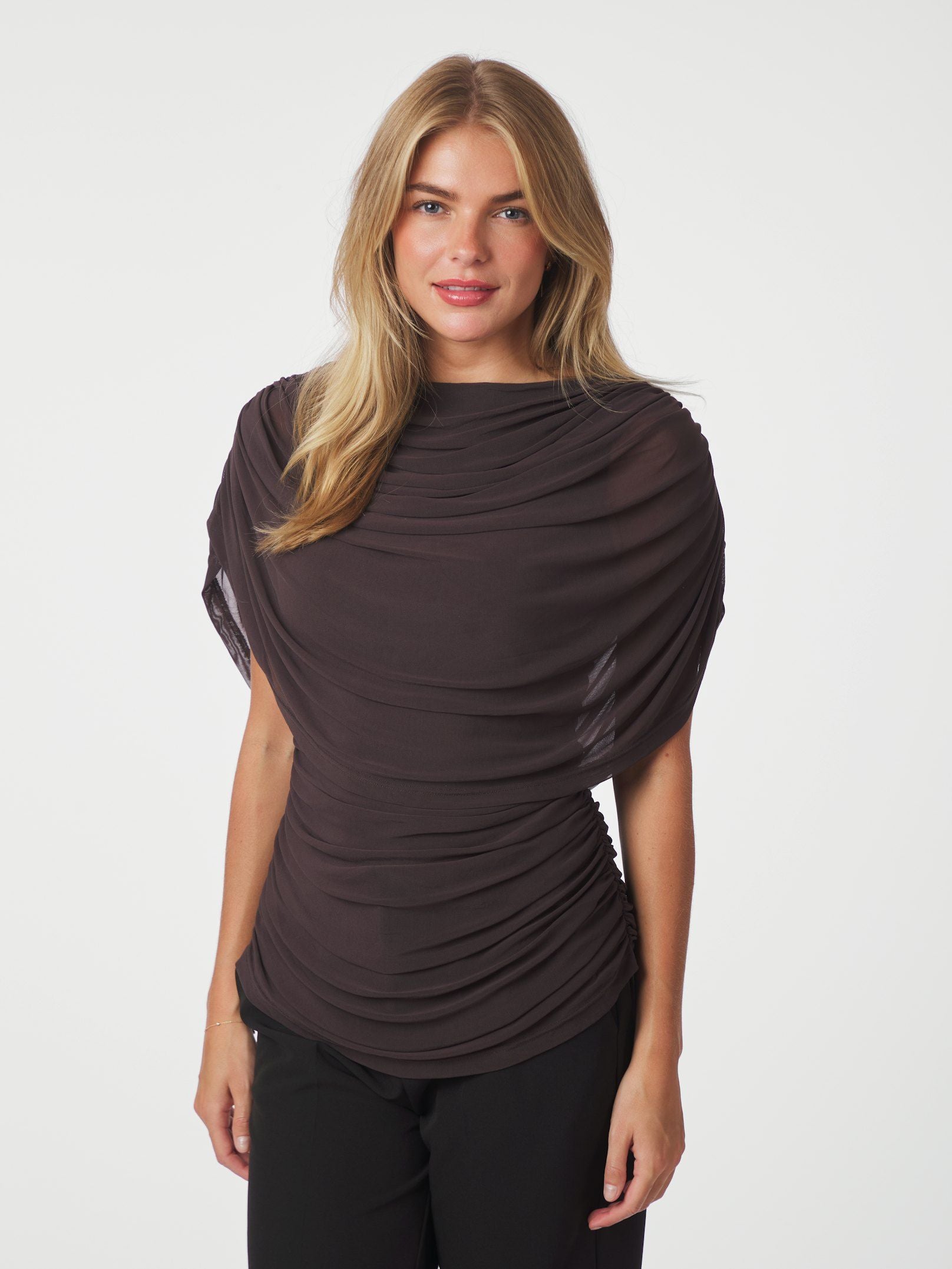 NEO NOIR TOP COTTUNA DRAPY MESH BROWN