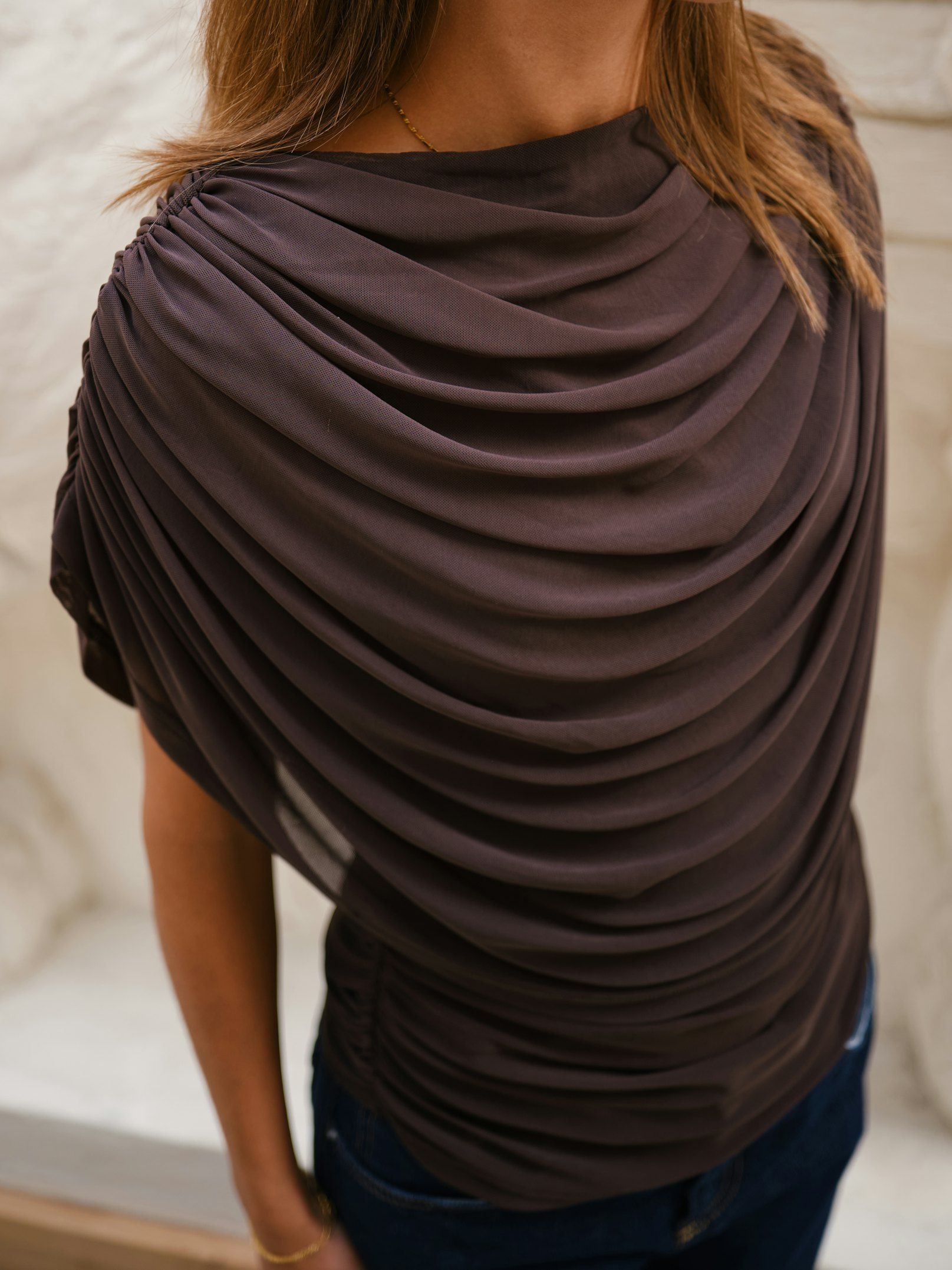 NEO NOIR TOP COTTUNA DRAPY MESH BROWN