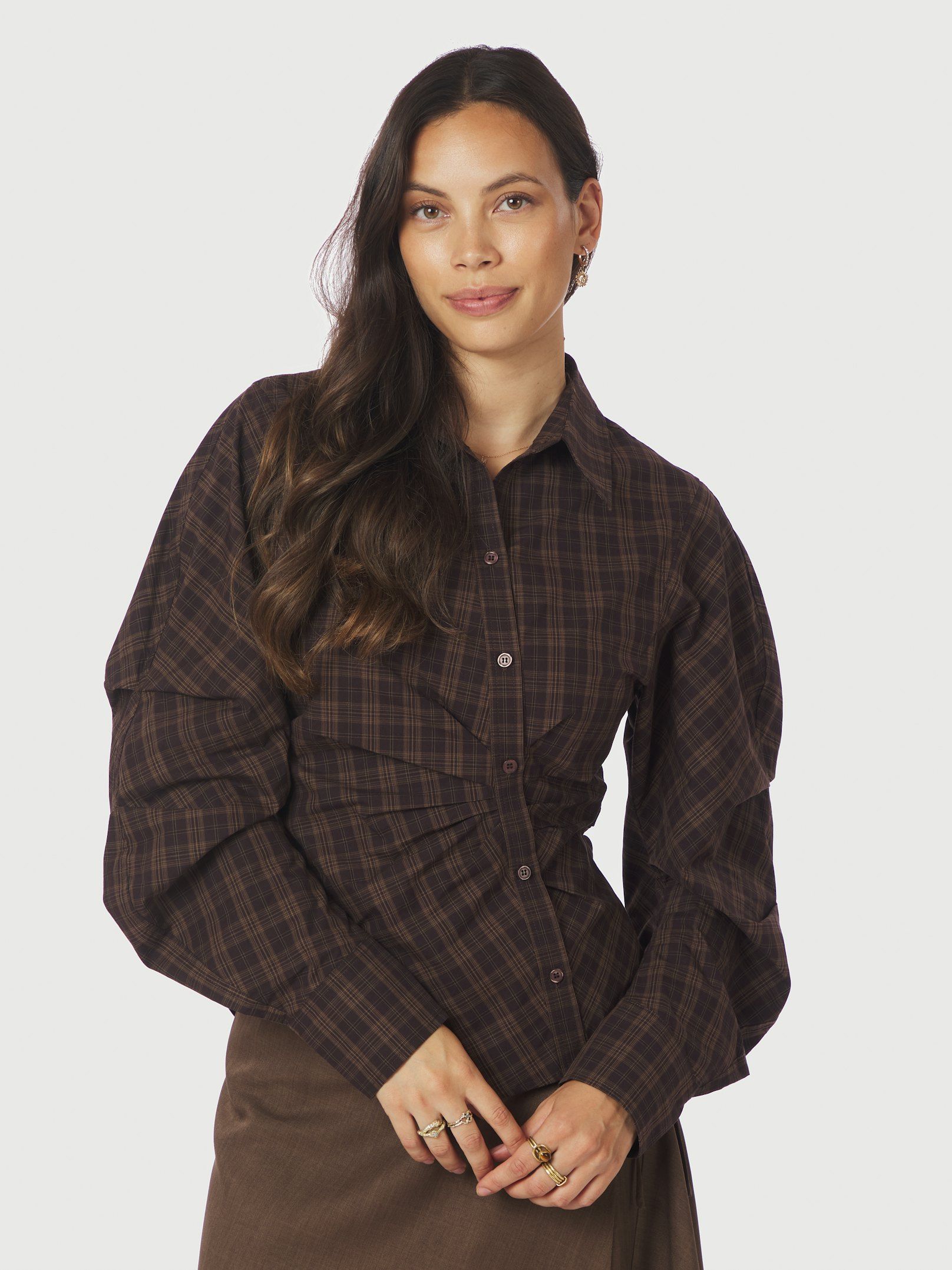 NEO NOIR BLOUSE NEOELLA CHECK SHIRT DARK BROWN