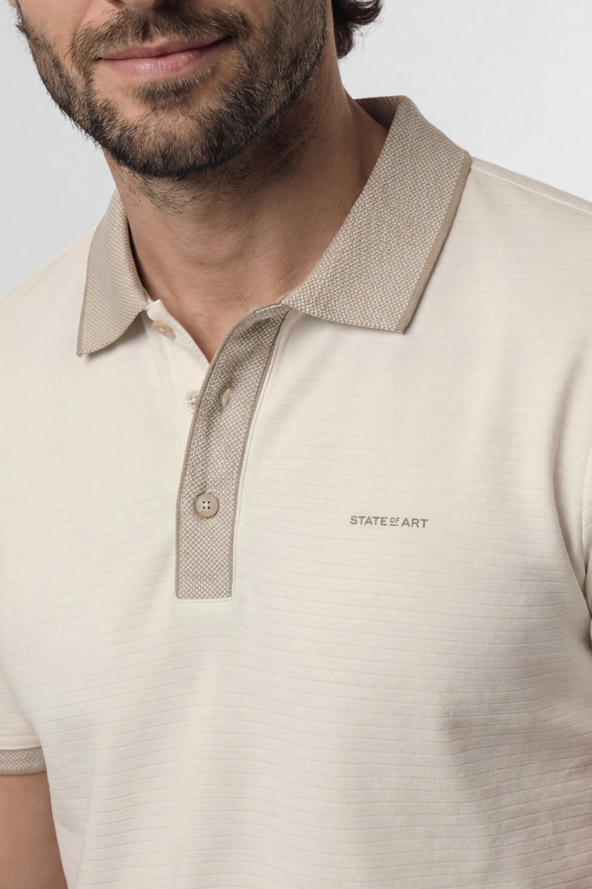 STATE OF ART POLO JERSEY MET STRUCTUURDESSIN WIT/BEIGE