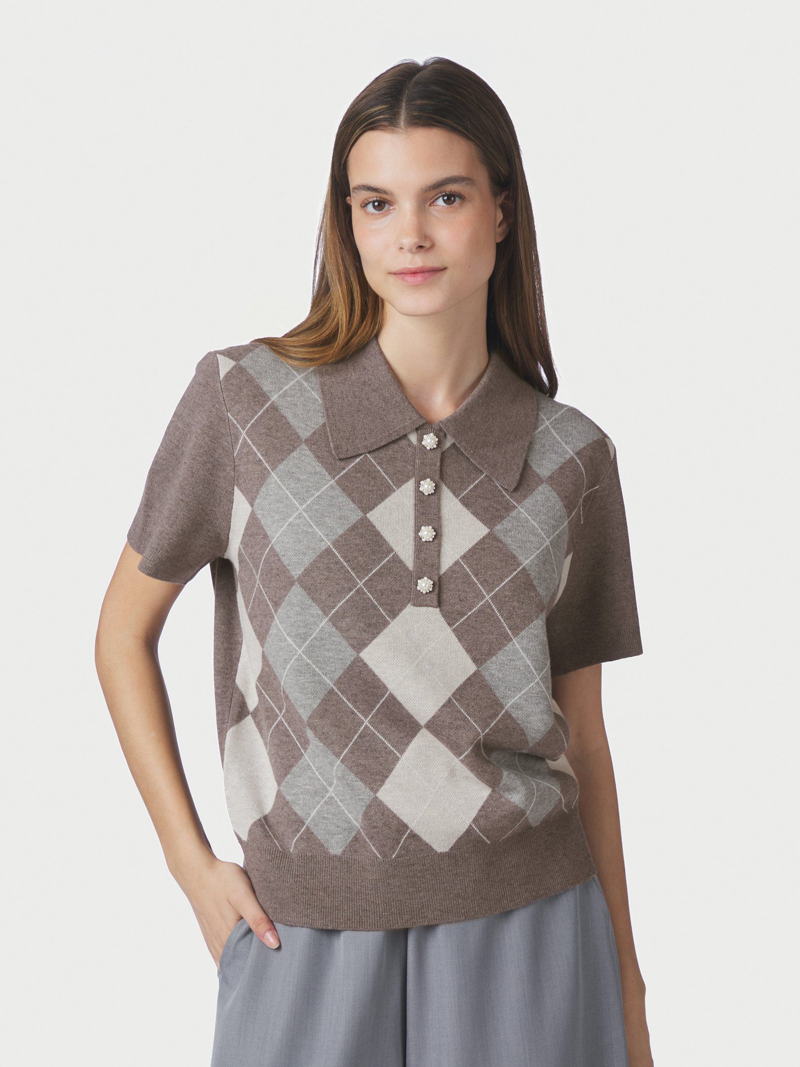 NEO NOIR PULLOVER POLO GIA CHECK KNIT DARK TAUPE