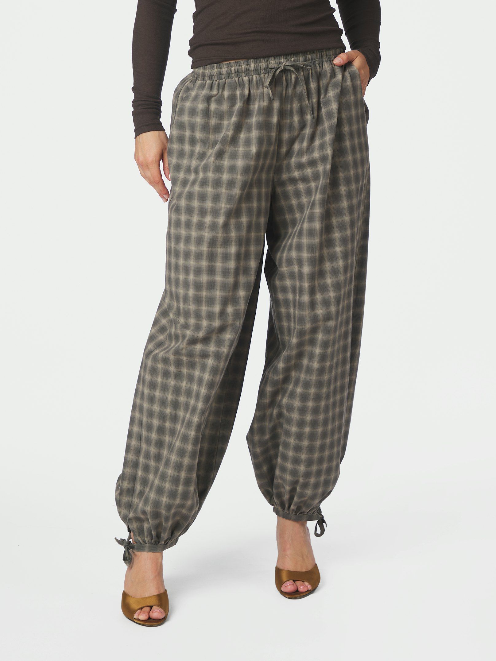 NEO NOIR PANTS ROXANE BALLOON CHECKED DUSTY ARMY