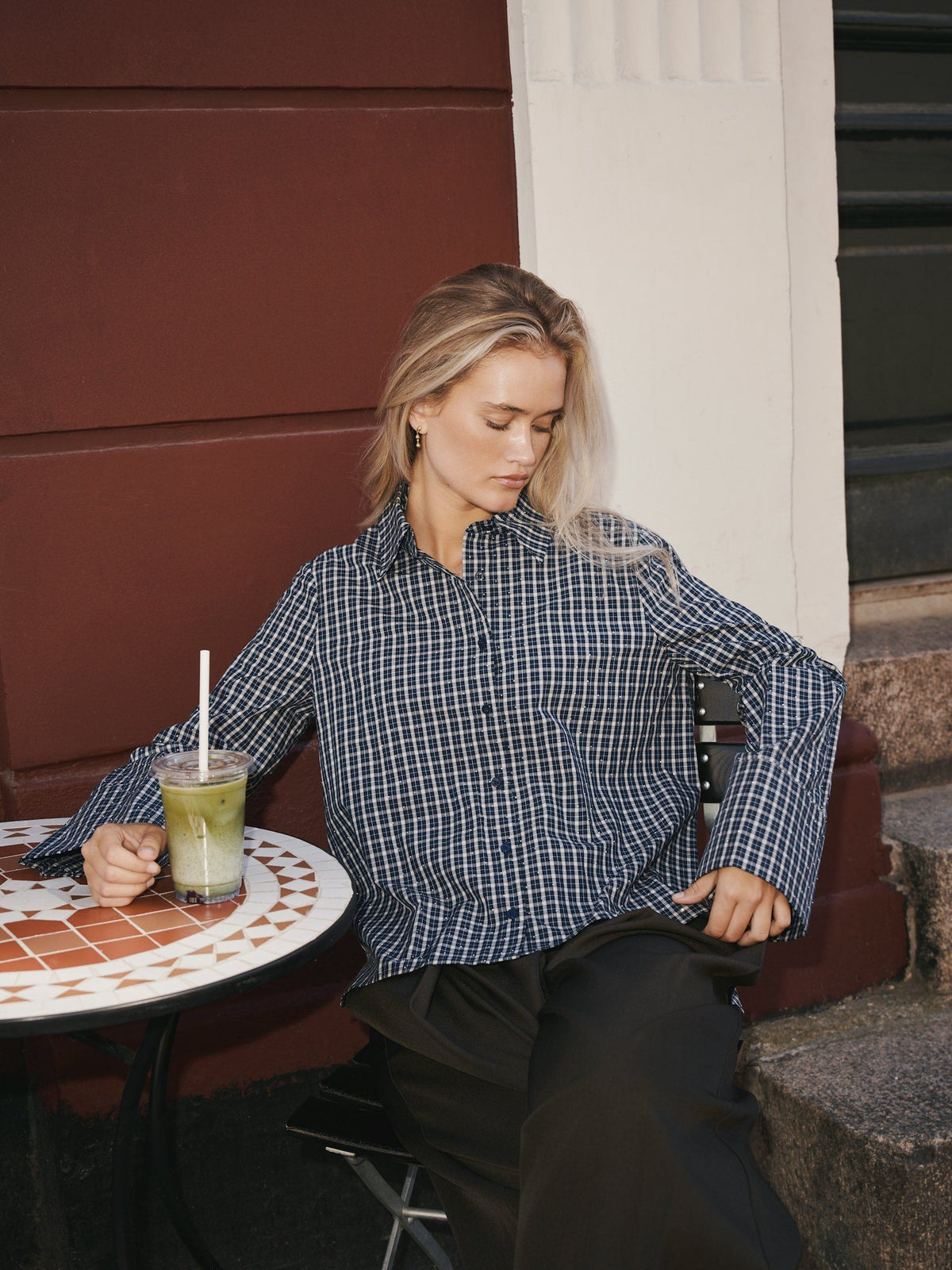 NEO NOIR BLOUSE DREW CHECK BEDAZ SHIRT DARK BLUE