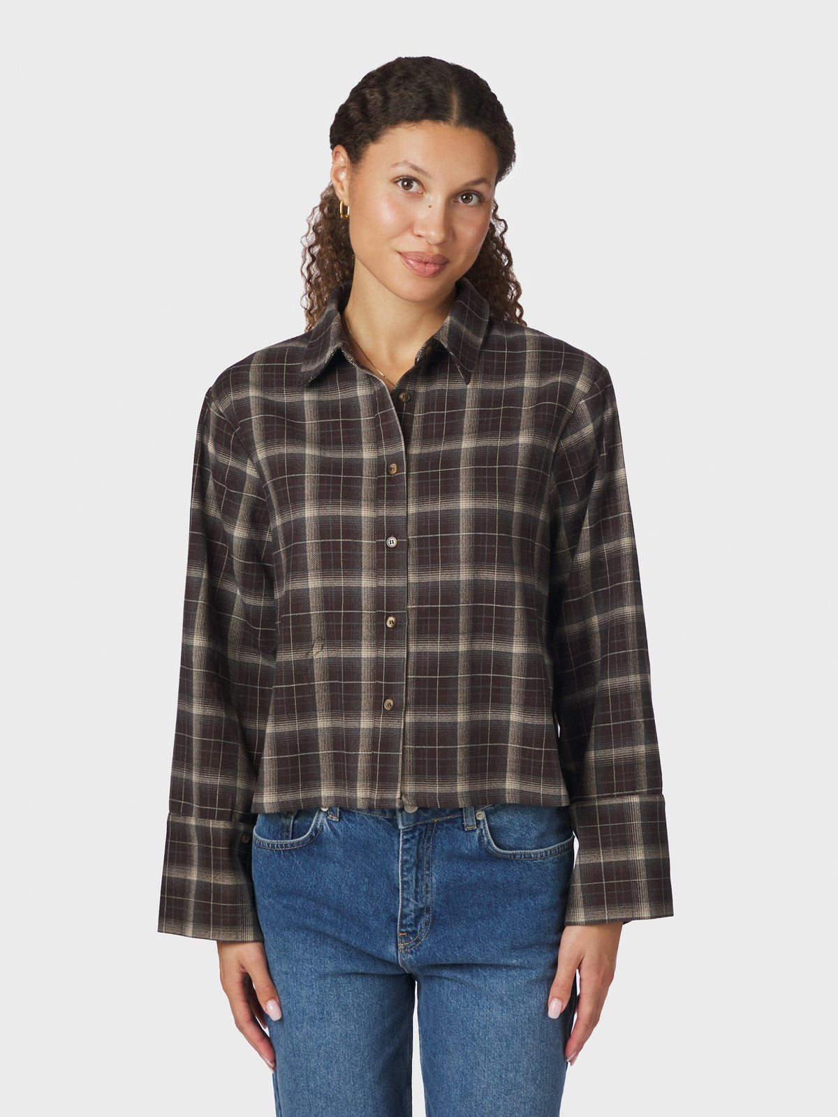 NEO NOIR BLOUSE JAYLIN FLANNEL CHECK SHIRT DARK BROWN