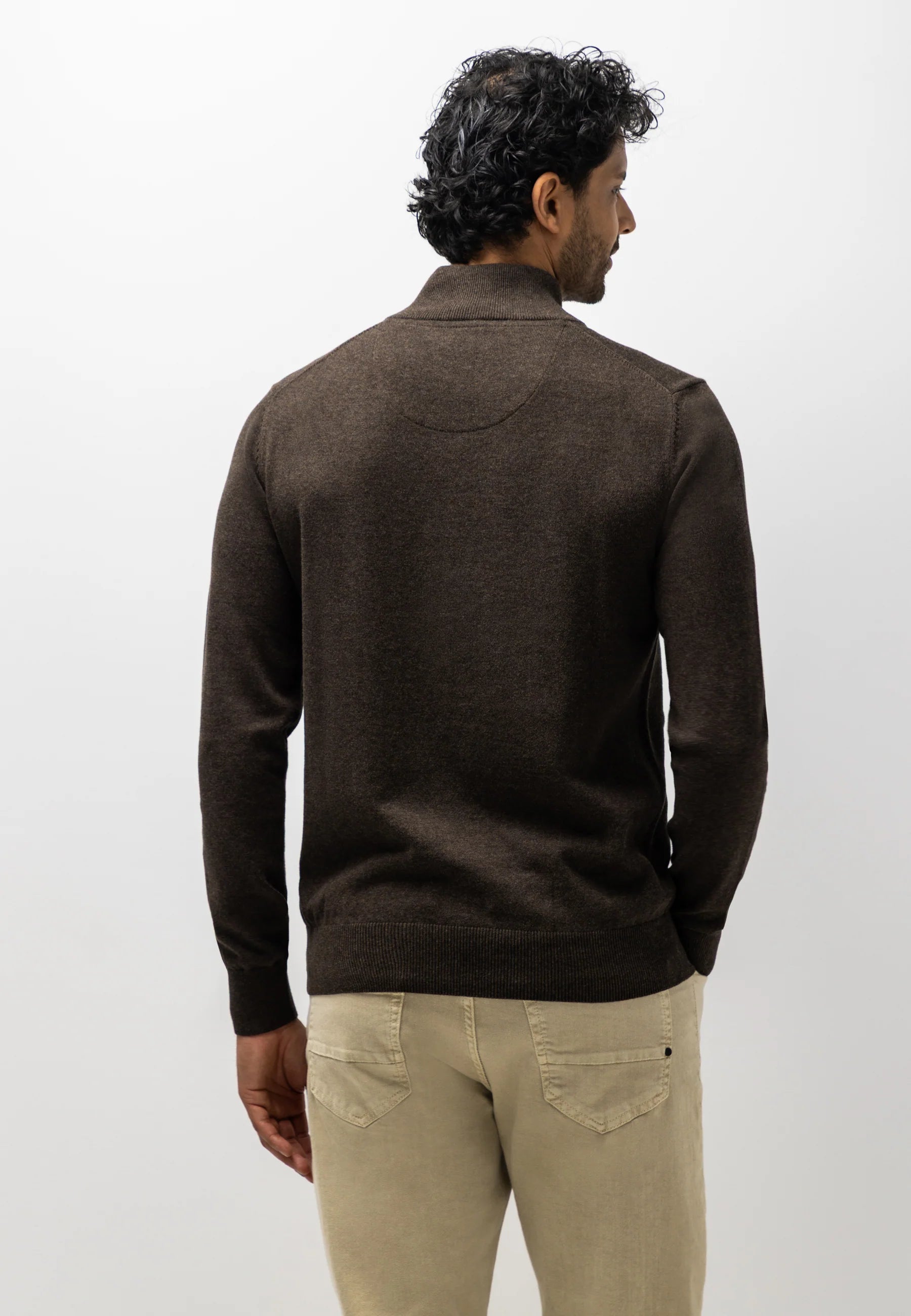 STATE OF ART PULLOVER MET HALVE RITS EN BORDUURSEL DONKERBRUIN