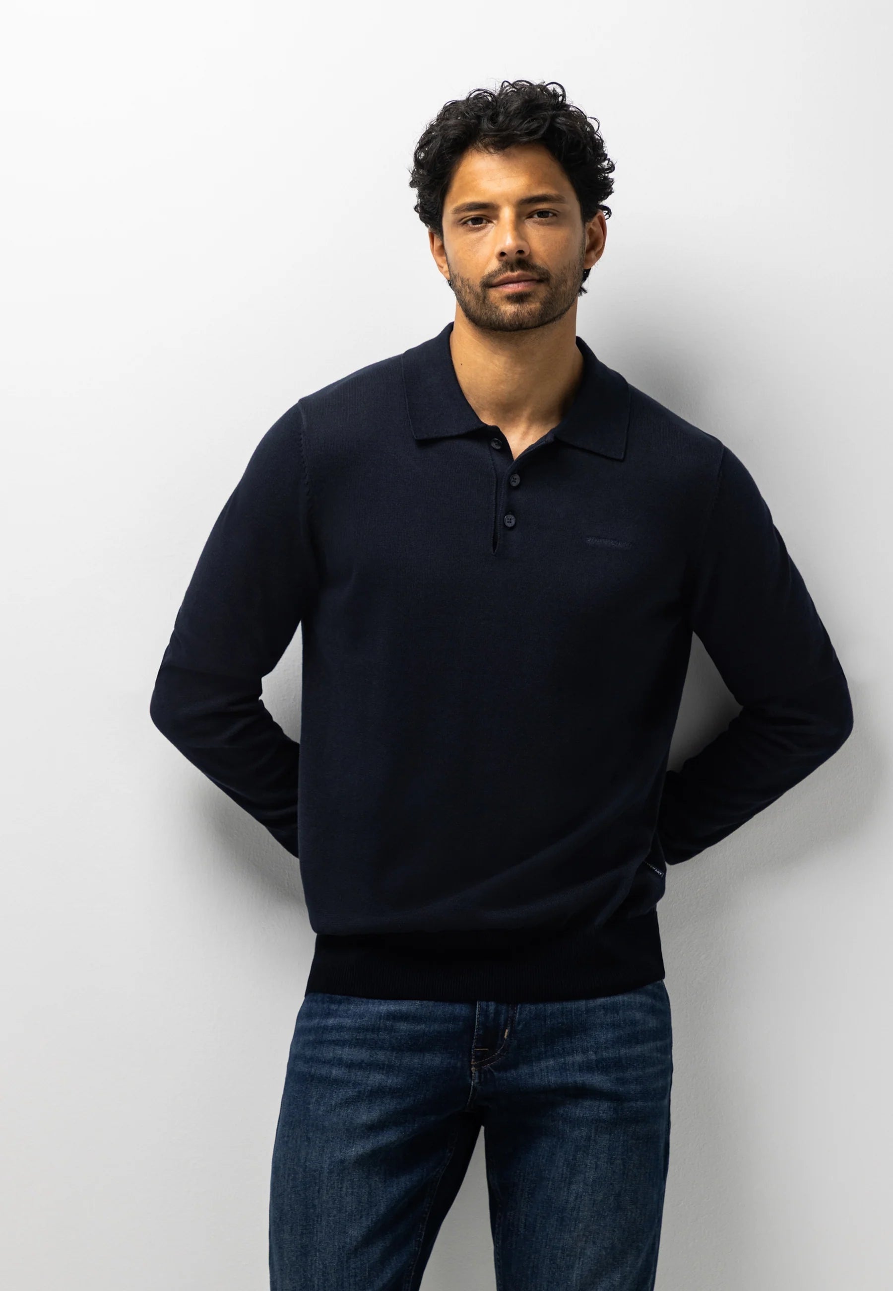 STATE OF ART PULLOVER POLO FIJN GEBREID KATOEN DONKERBLAUW