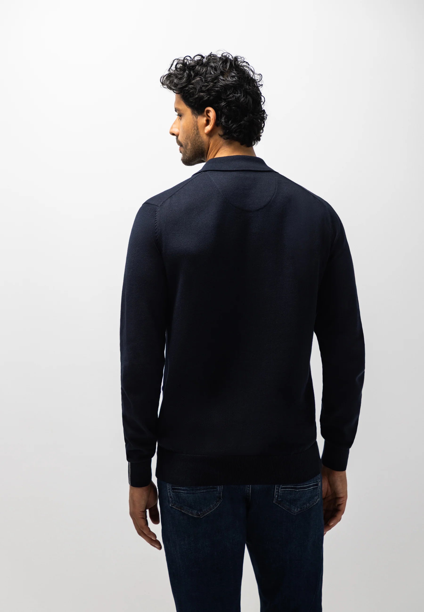 STATE OF ART PULLOVER POLO FIJN GEBREID KATOEN DONKERBLAUW