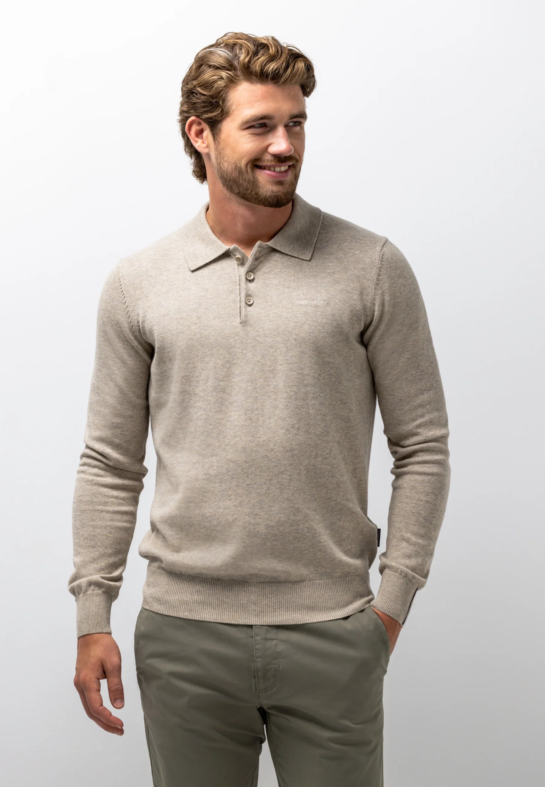 STATE OF ART PULLOVER POLO FIJN GEBREID KATOEN TAUPE