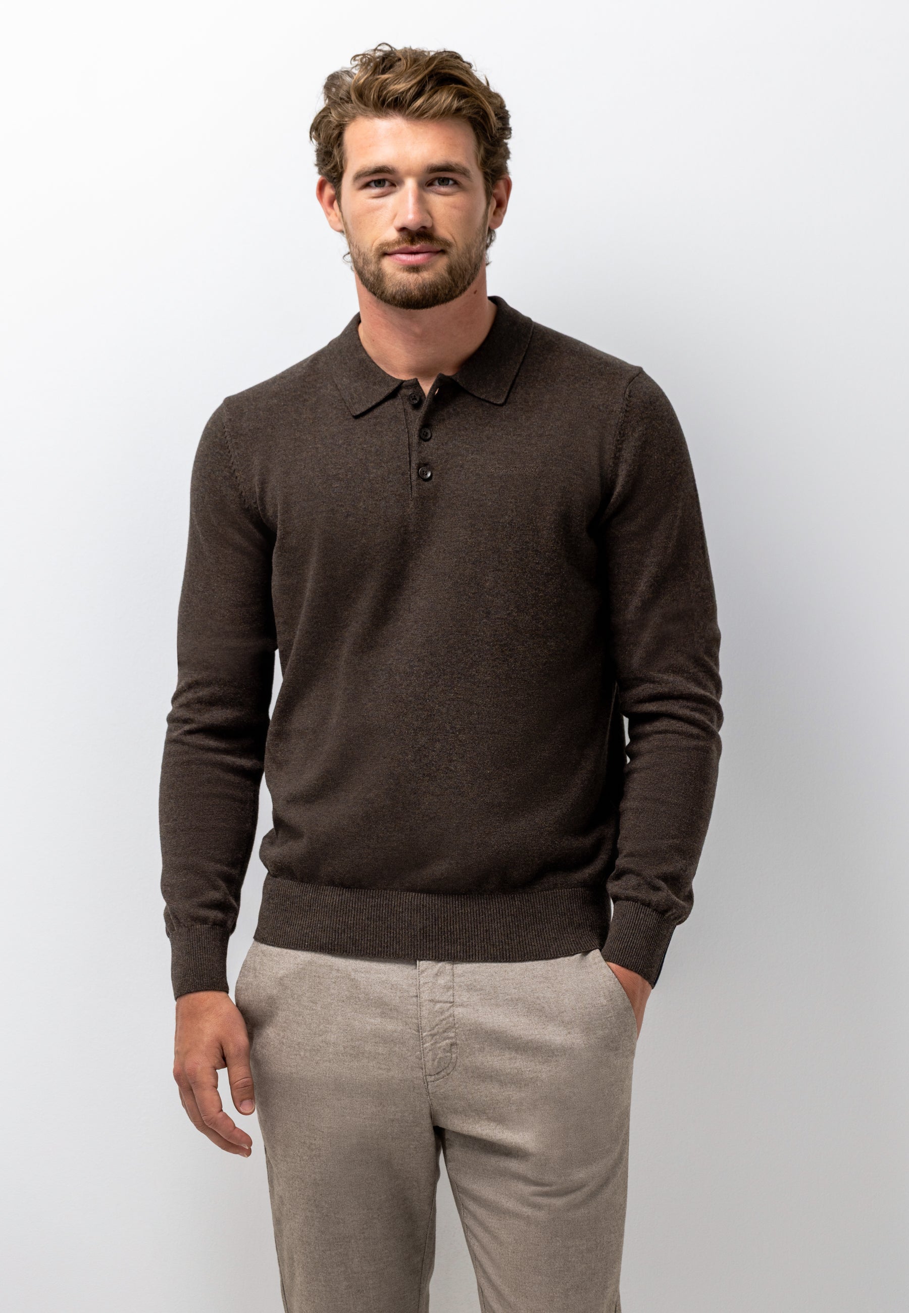 STATE OF ART PULLOVER POLO FIJN GEBREID KATOEN DONKERBRUIN