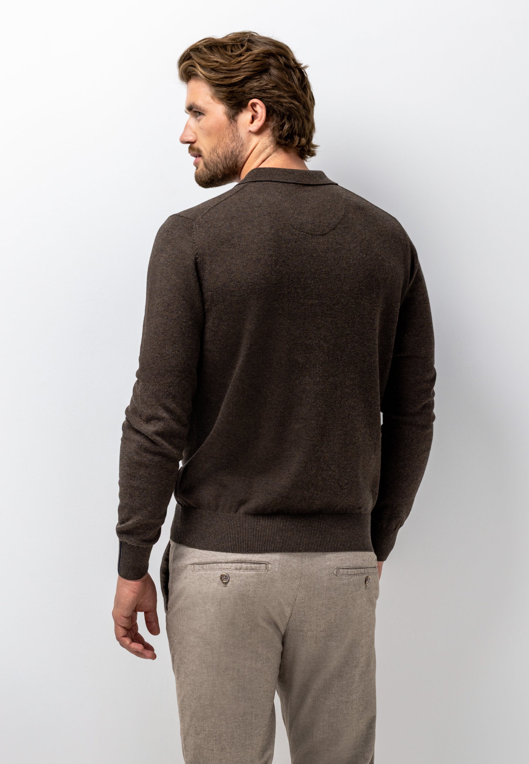 STATE OF ART PULLOVER POLO FIJN GEBREID KATOEN DONKERBRUIN
