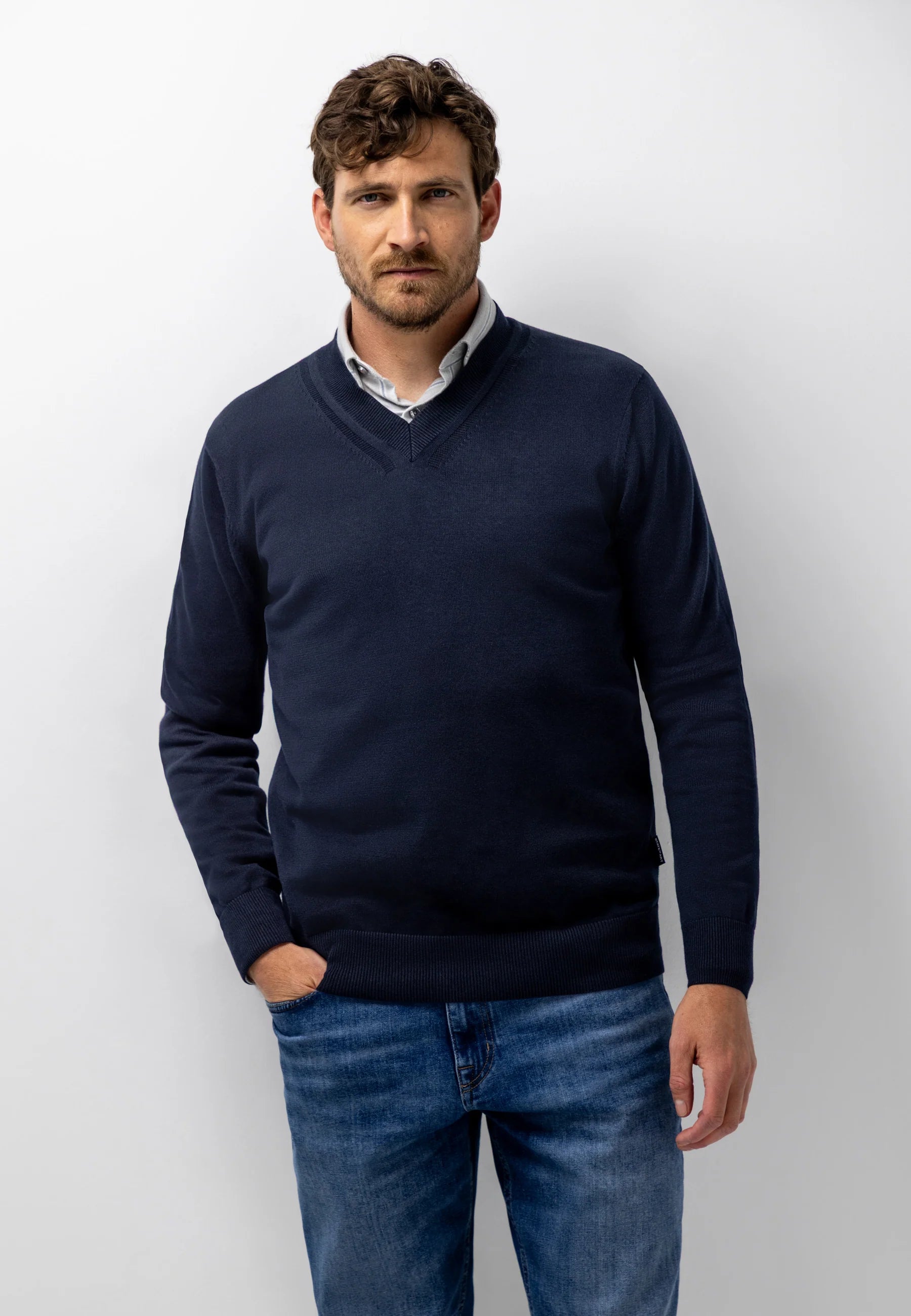 STATE OF ART PULLOVER BIOLOGISCH KATOEN V-HALS DONKERBLAUW