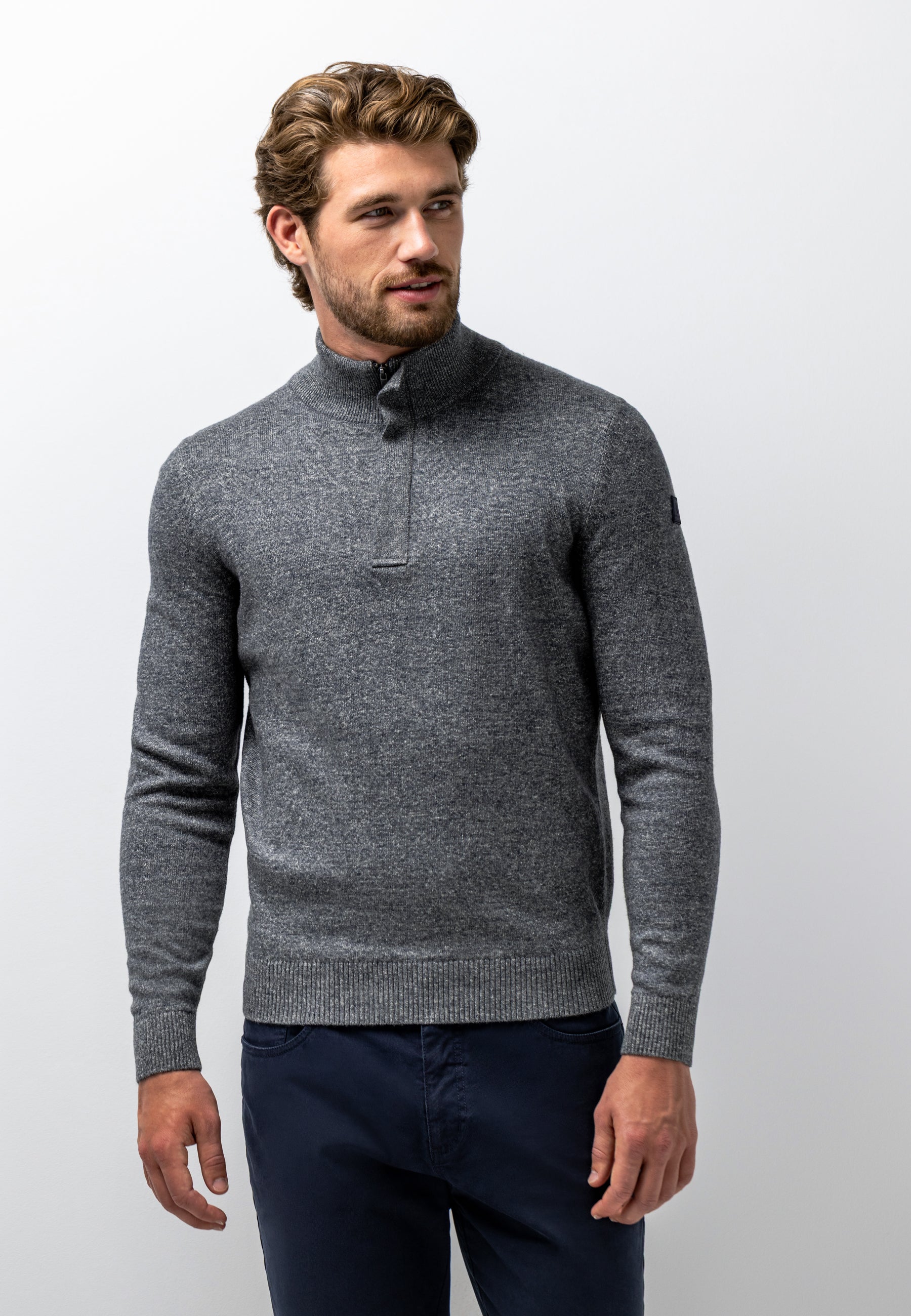 STATE OF ART PULLOVER BIOLOGISCH KATOEN HALVE RITS DONKERBLAUW/GRINT