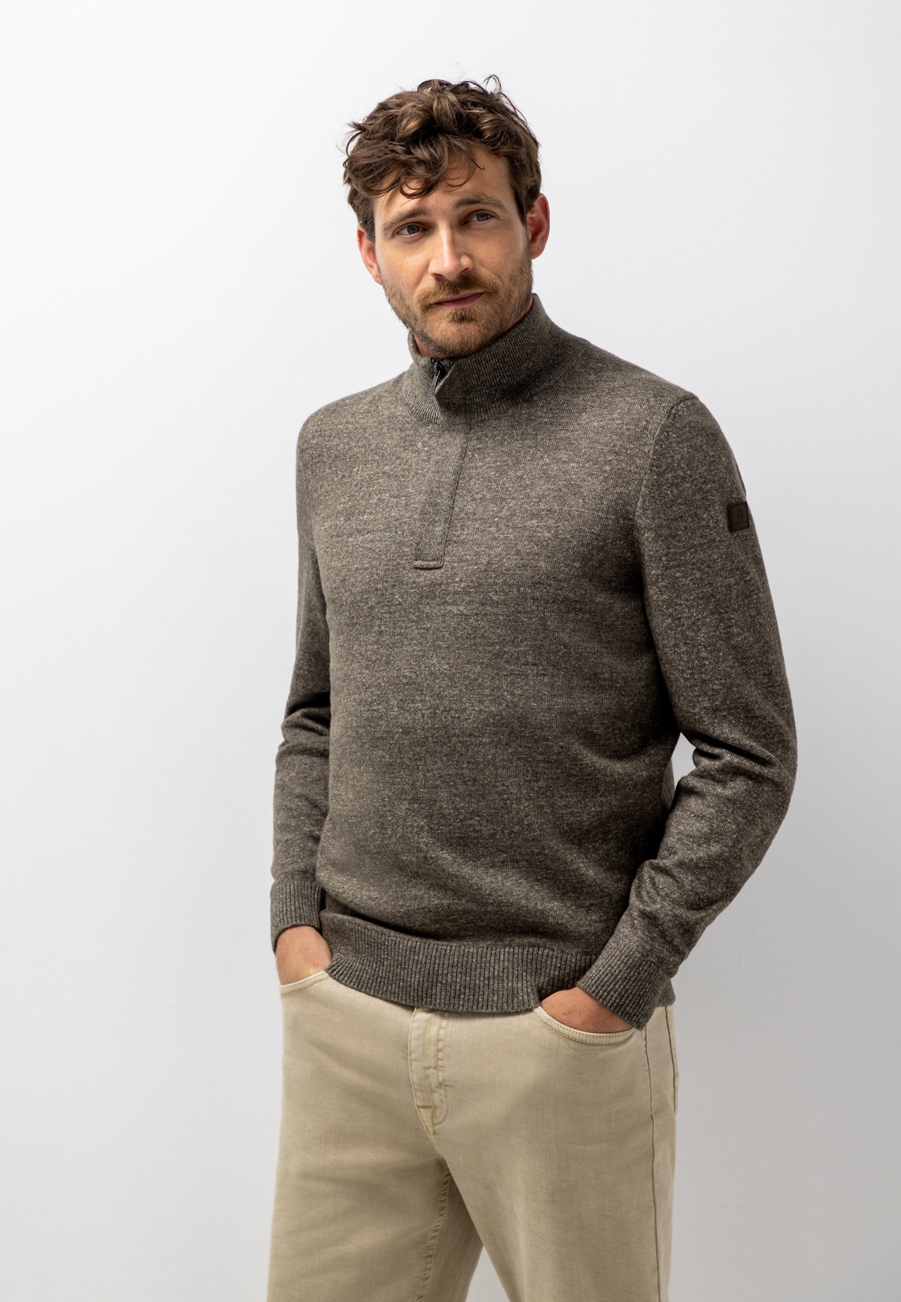 STATE OF ART PULLOVER BIOLOGISCH KATOEN HALVE RITS DONKERBRUIN/GRINT