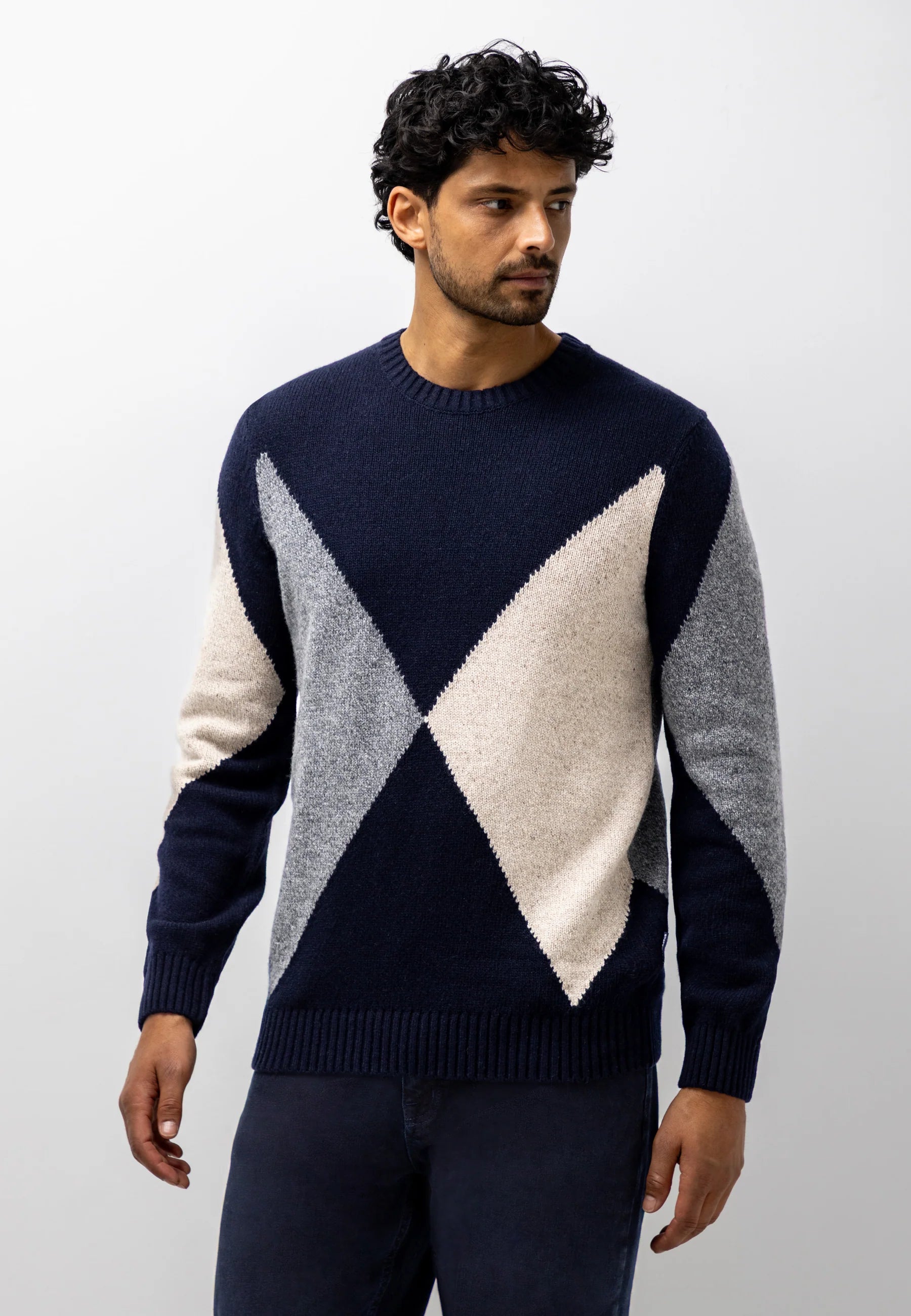 STATE OF ART PULLOVER JACQUARD LAMSWOLMIX DONKERBLAUW/GRINT