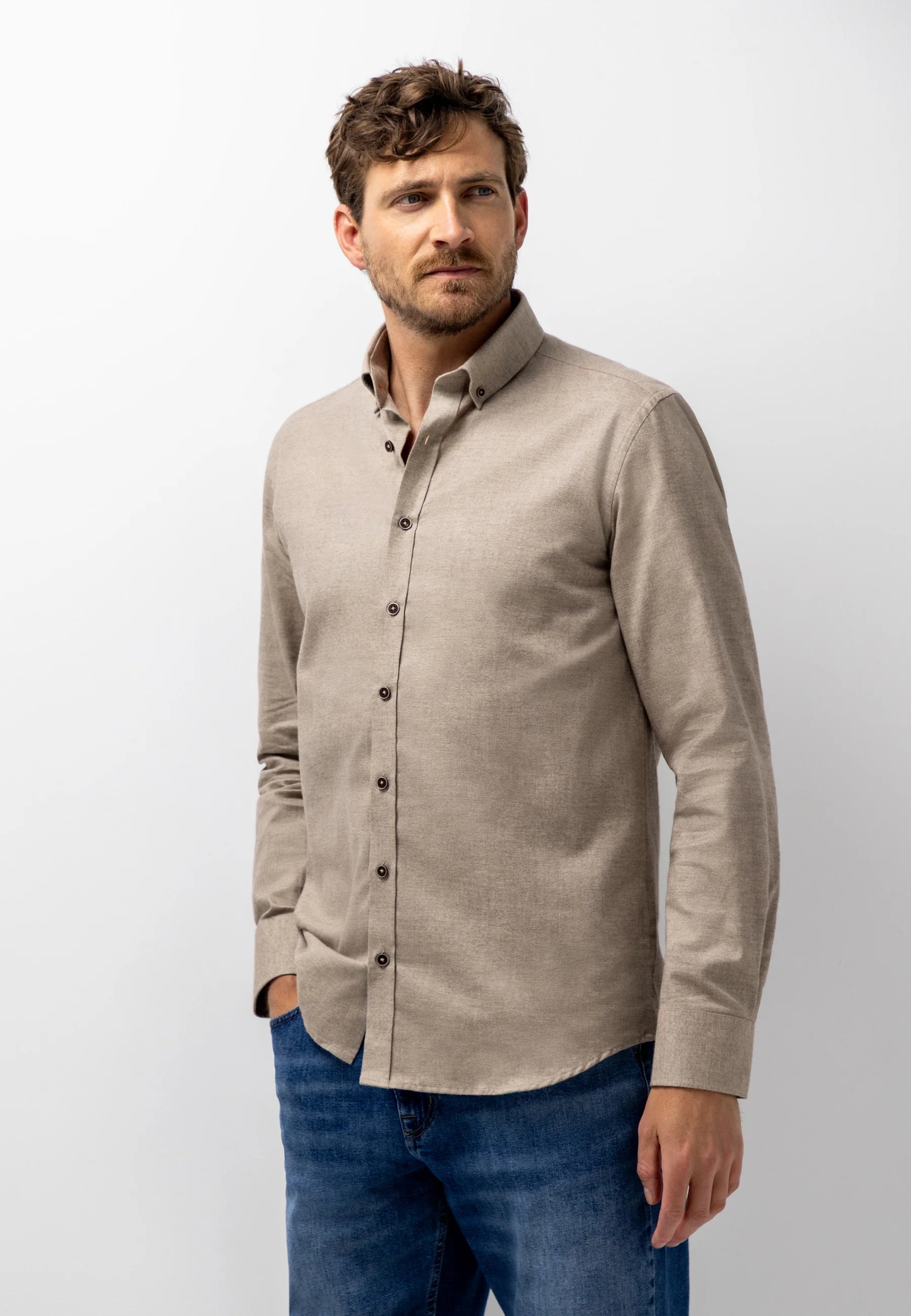STATE OF ART OVERHEMD KATOEN VAN TWILLSTOF TAUPE/WIT