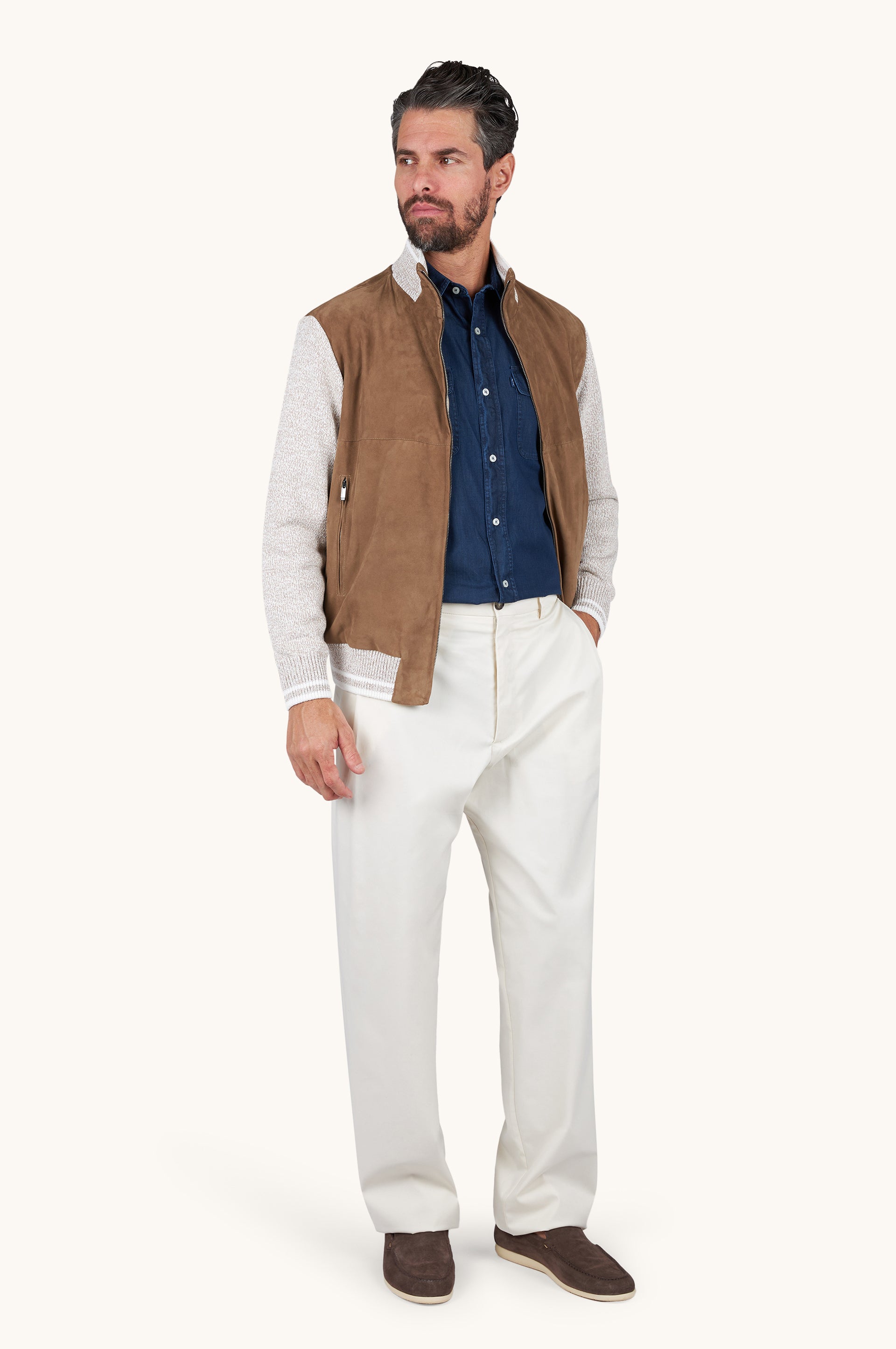 PAUL &amp; SHARK BOMBER HYBRID PIUMA COTTON AQUALEATHER SUEDE BRIGHT WHITE/MOONLIGHT