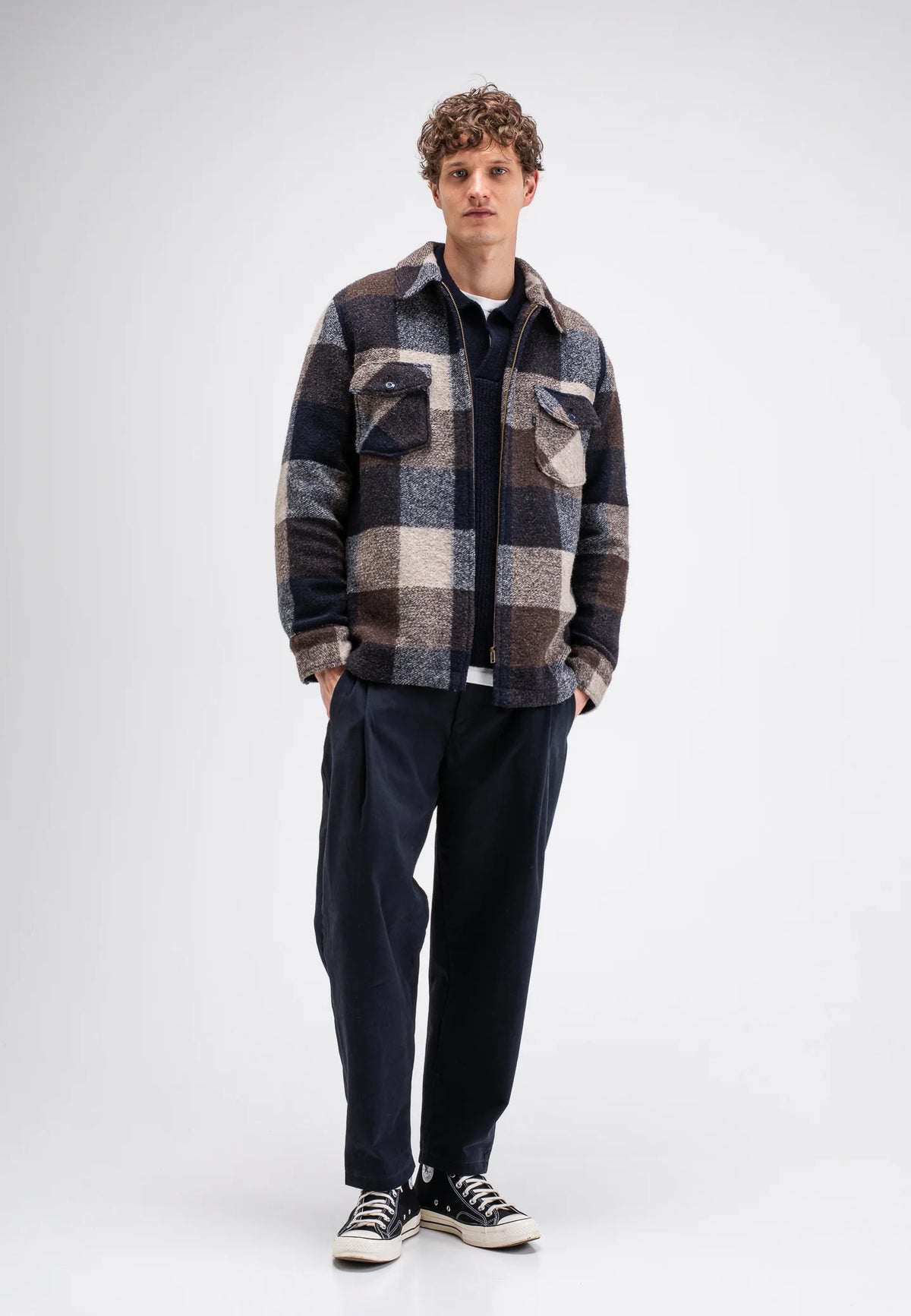 BUTCHER OF BLUE OVERSHIRT VANCE WOOL CHECK SHIRT CHESTNUT BROWN