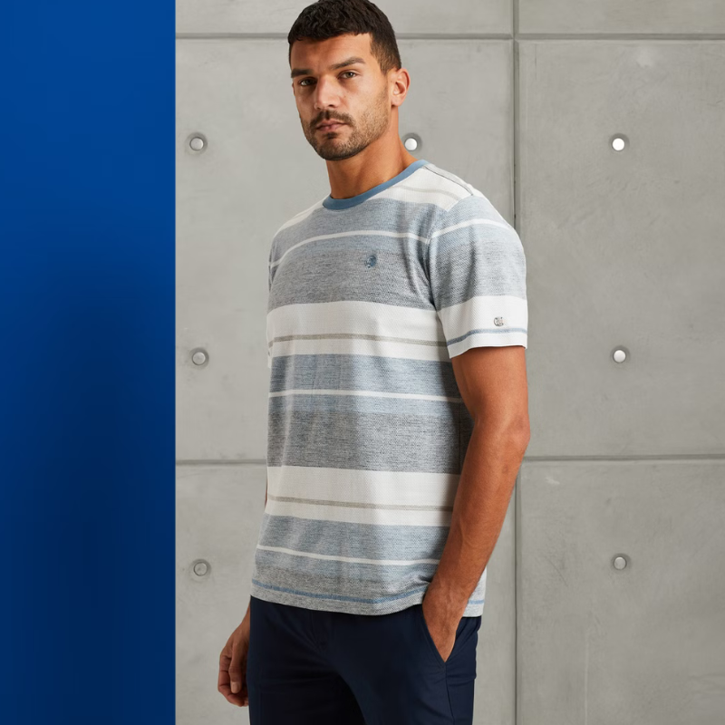 CAST IRON T-SHIRT REGULAR FIT POPCORN STRIPE PROVINCIAL BLUE