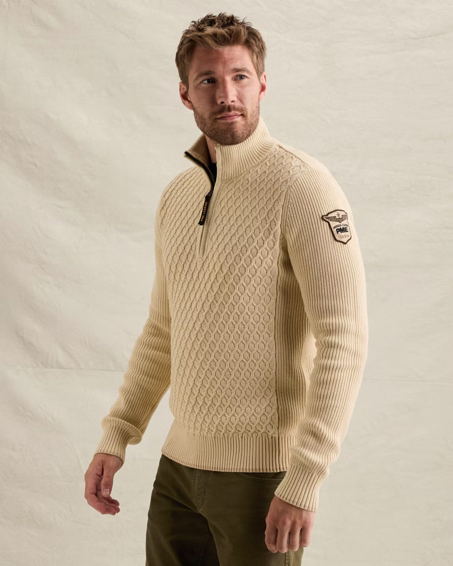 PME LEGEND PULLOVER HALF ZIP COLLAR COTTON MIX BONE WHITE
