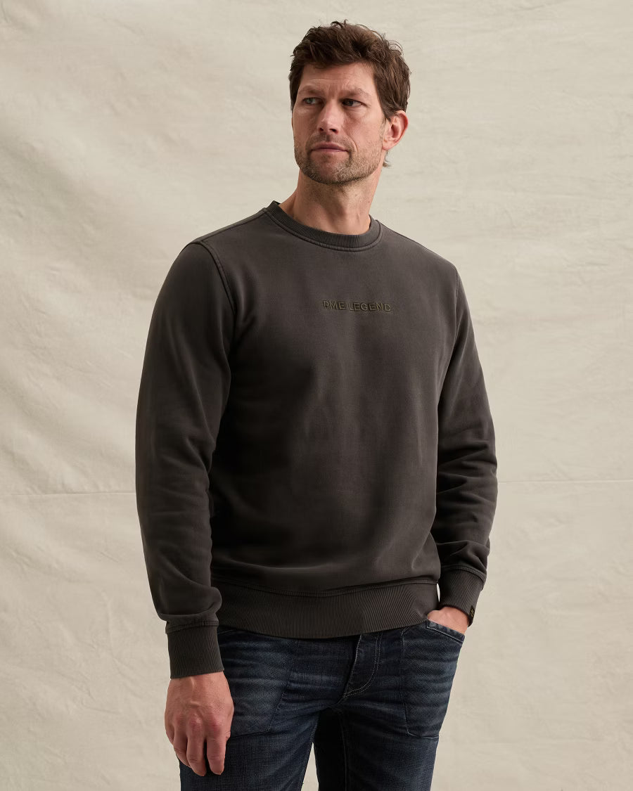 PME LEGEND SWEATER CREWNECK SEMI BRUSHED GARMENT DYE OBSIDIAN