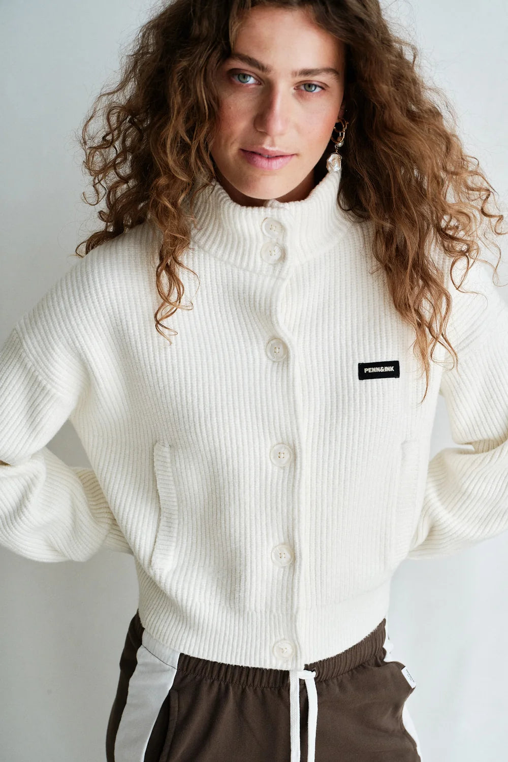 PENN&amp;INK N.Y VEST RIB JACKET CARDIGAN ECRU