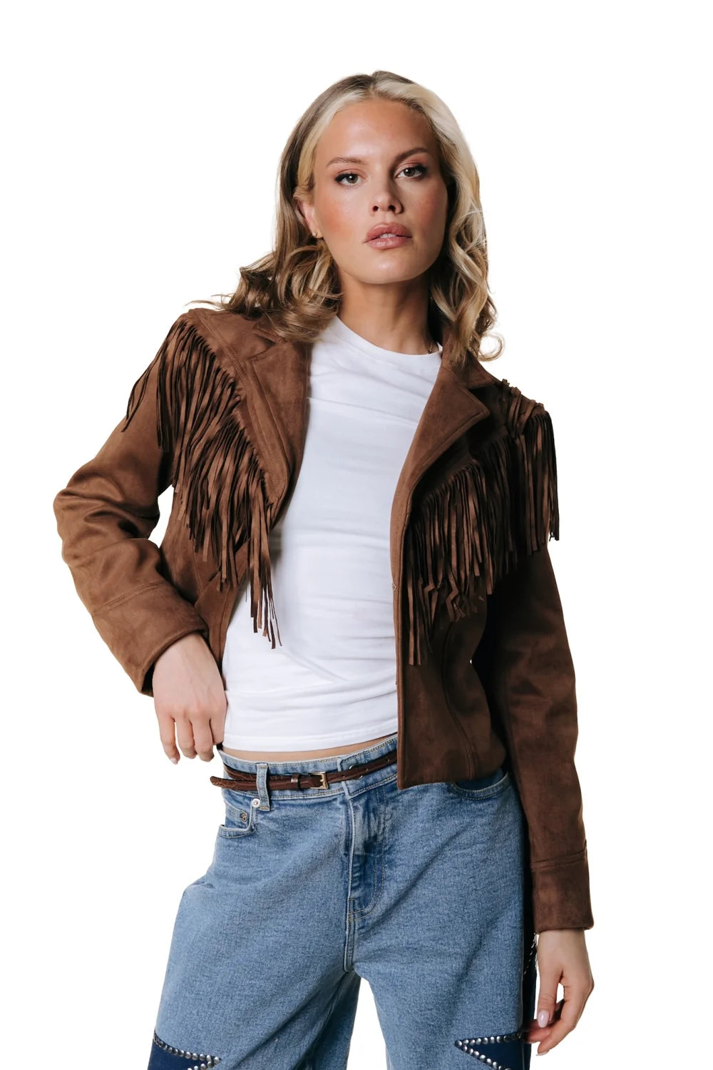 COLOURFUL REBEL BLAZER GIGI FRINGE CROPPED BROWN