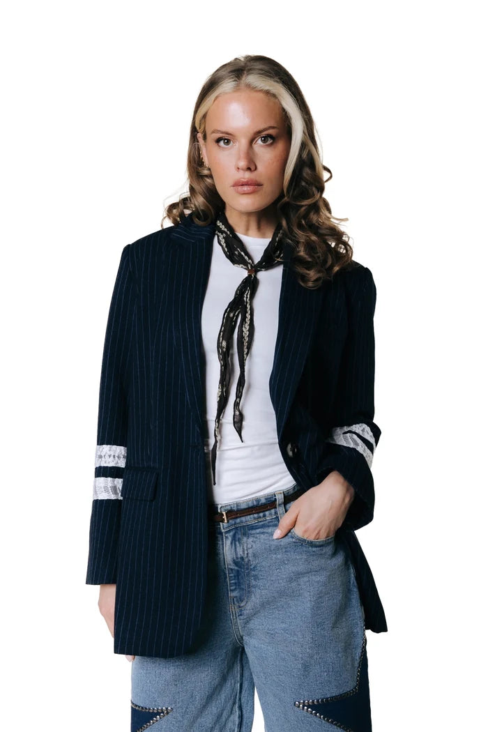 COLOURFUL REBEL BLAZER JESRA PINSTRIPE SINGLE BREASTED DARK BLUE