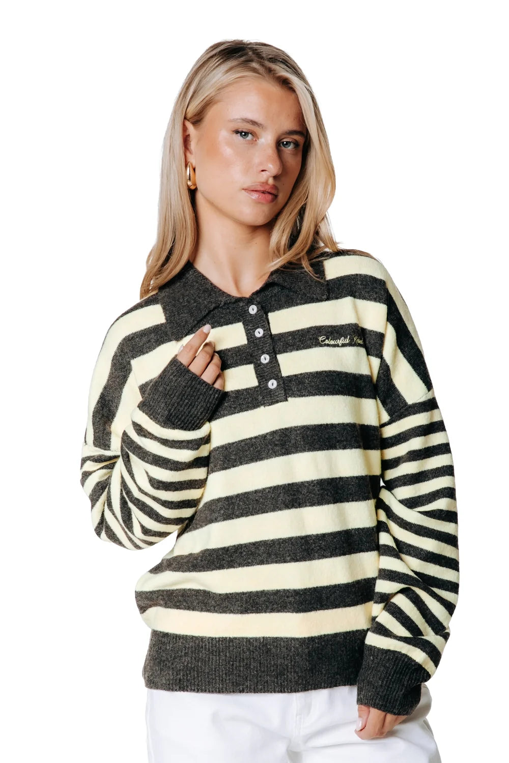 COLOURFUL REBEL PULLOVER LINSEY STRIPED FLUFFY KNIT BROWN/YELLOW