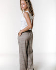 COLOURFUL REBEL PANTS ISA CHECK MID RISE PLEATED MEDIUM BROWN
