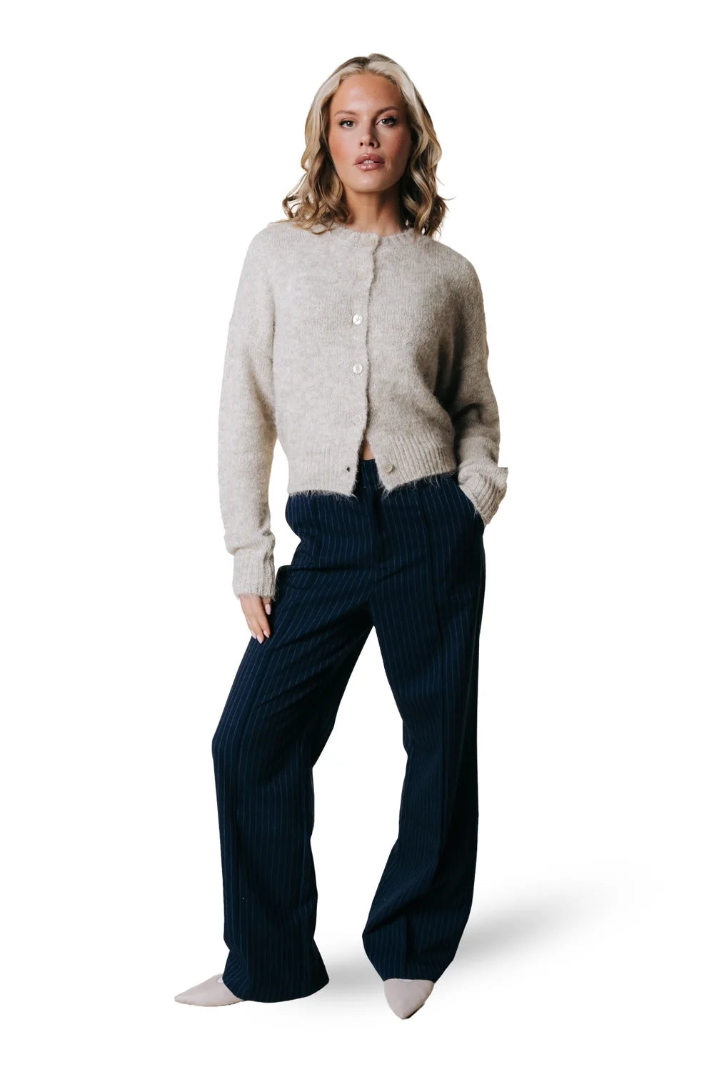 COLOURFUL REBEL PANTS RUS PINSTRIPE PINTUCK STRAIGHT DARK BLUE
