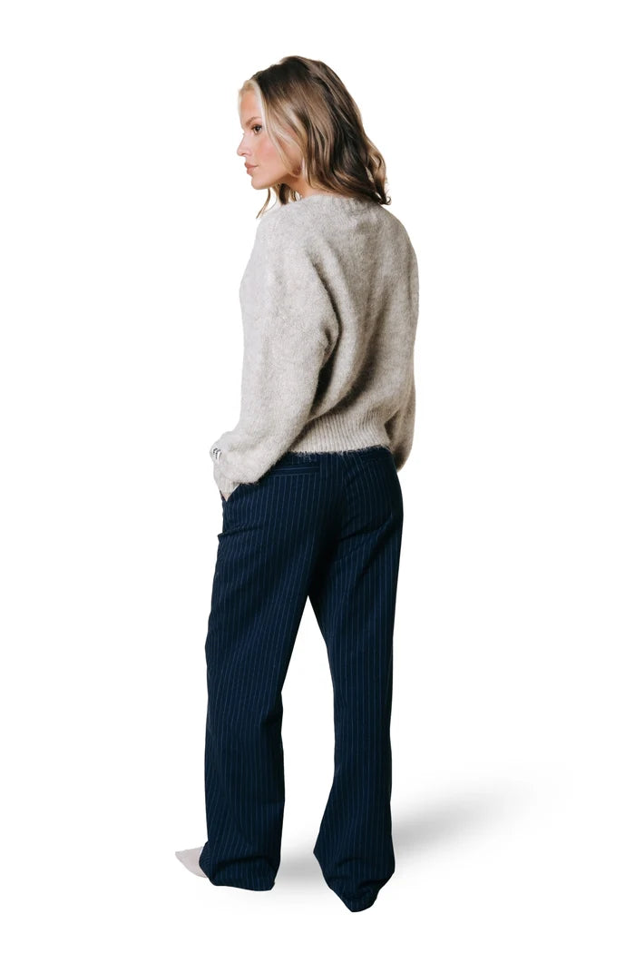 COLOURFUL REBEL PANTS RUS PINSTRIPE PINTUCK STRAIGHT DARK BLUE