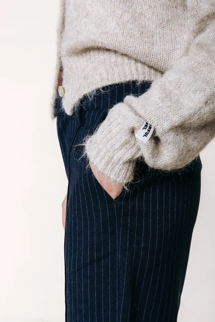 COLOURFUL REBEL PANTS RUS PINSTRIPE PINTUCK STRAIGHT DARK BLUE