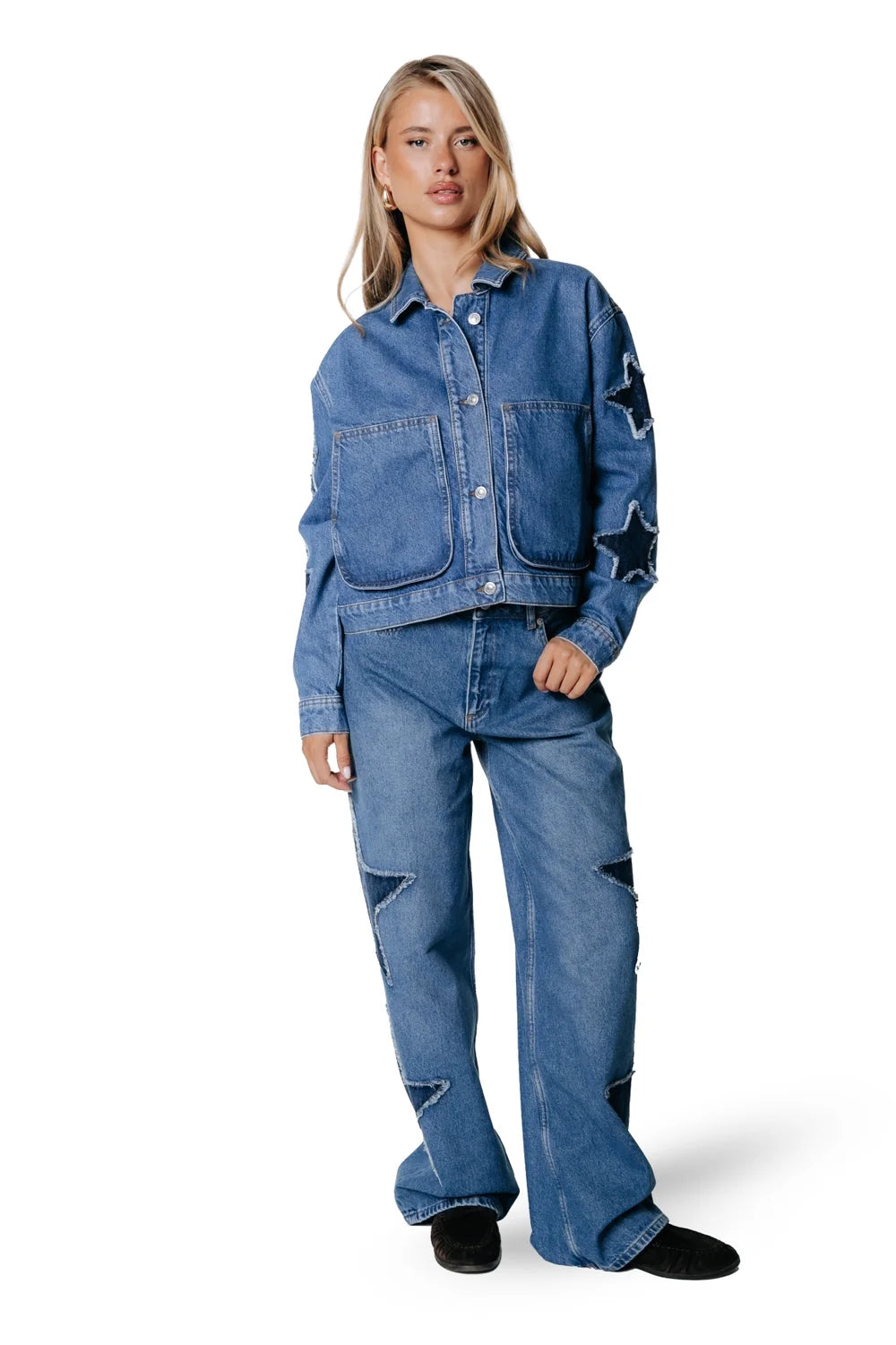 COLOURFUL REBEL JEANS ZADIE STAR STUDDED WIDE LEG MID BLUE DENIM